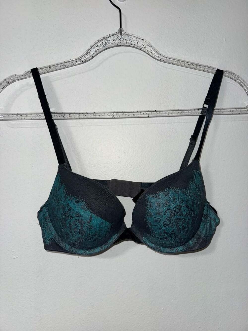 Victoria's Secret Push-Up Bra Black Green Lace 34B